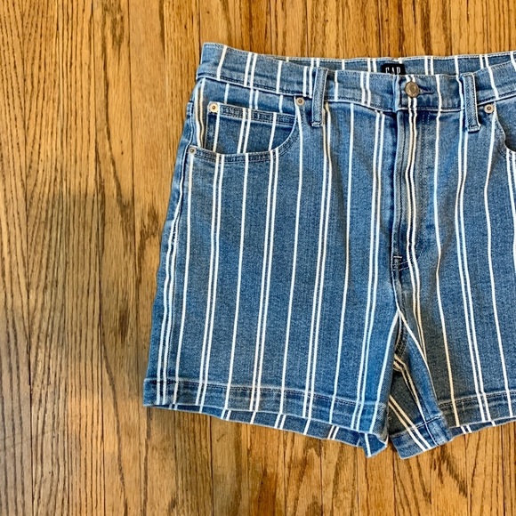 GAP Mom Jean Shorts Blue Navy Striped Denim High Waist VTG 90s 12 31 Stretch - Picture 4 of 8